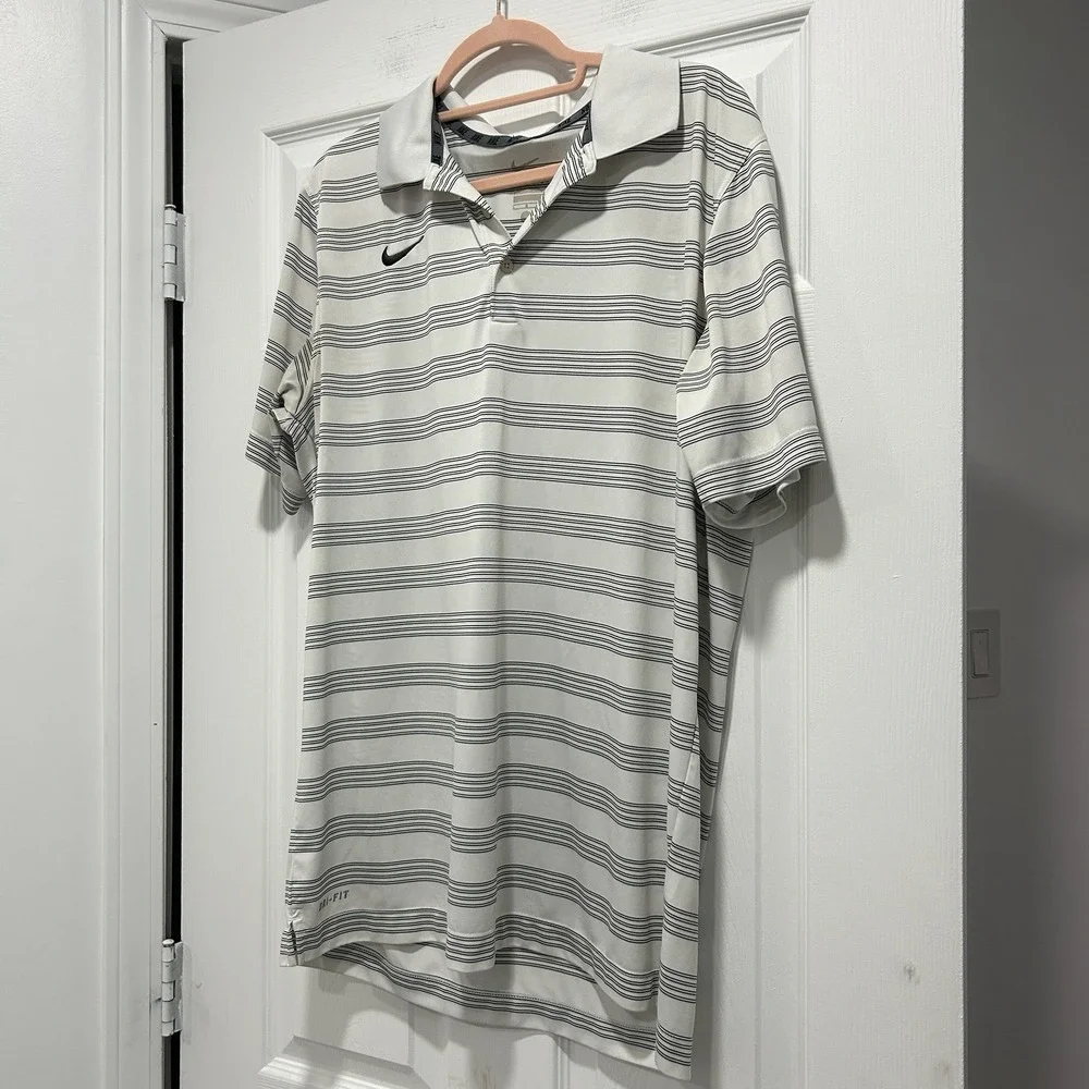 Nike Dri-Fit Men's Large Golf Shirt Polo White With Black Stripes‎